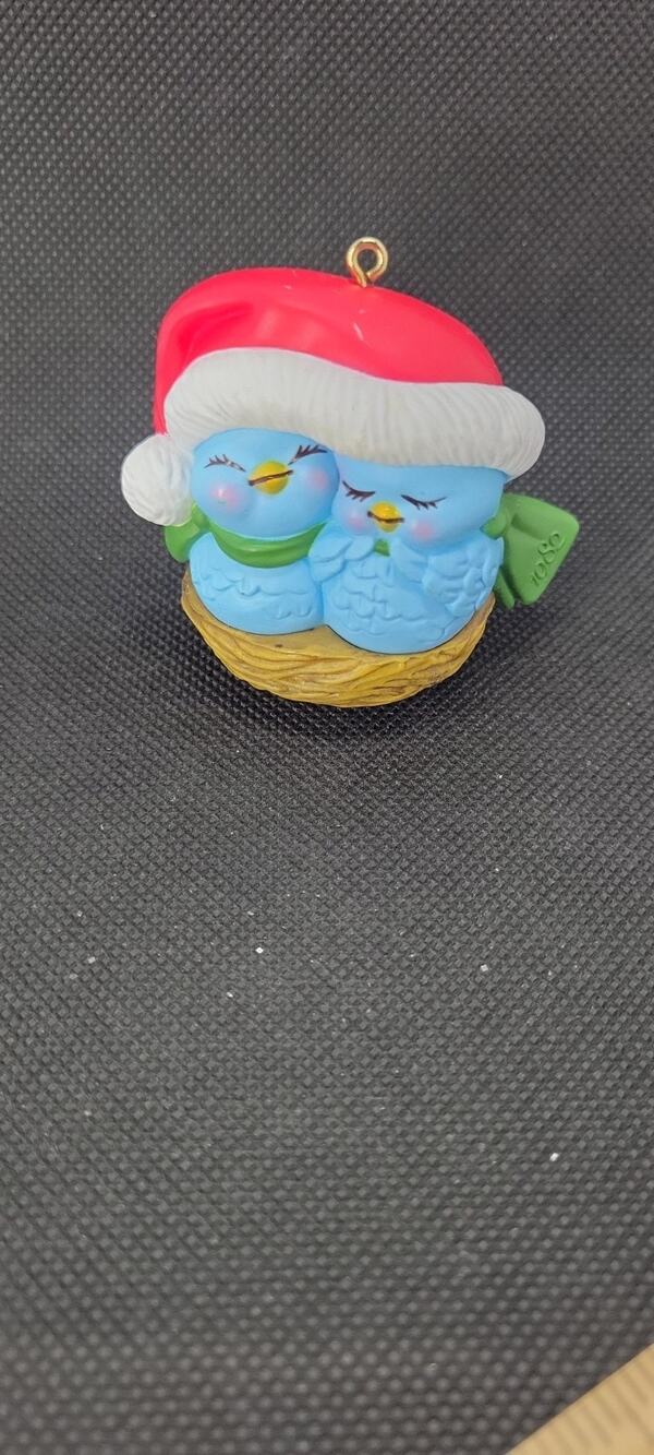 Christmas Ornament Bluebird Couple In Nest Santa Hat NESTING TOGETHER Avon 1982
